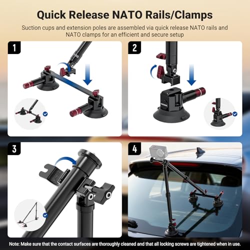 Image of NEEWER Triple Suction Cup Car Mount Kit, Two 24 inch Aluminum Alloy Extension Poles, NATO Rail, Action Camera Adapter Compatible with GoPro DJI Insta 360, Max Load 2.2 lb, CA166
