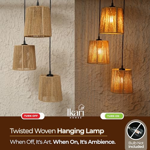 Image of Ikari Homes Rattan Chandelier 3 in1 Pendant Light, Natural Beige, Boho Style, E27 Base, Chandelier for Living Room I Dining I Bedroom I Balcony I Adjustable Wire - (Bulbs not Included) (Taper Raffia)