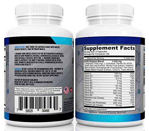 L-Arginine Cardio Complete, Nitric Oxide Booster 1500Mg Cardio Support Blend Plus L-Citrulline, Vitamins Minerals Supports Cardio Health, Bp, Energy, Nitric Oxide, Two Bottles 360 Caps #TOP6