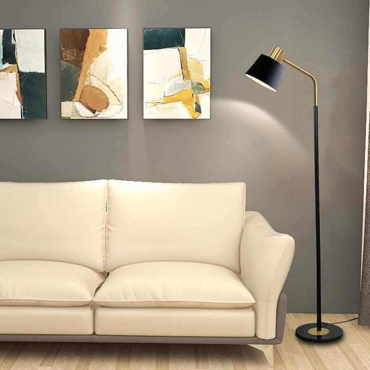 Image of Modern Floor Lamp for Living Room | Black & Gold Metal Standing Lamp with Adjustable Head | Minimalist Reading Floor Lamp for Bedroom, Corner & Home Decor