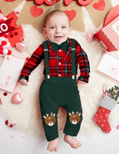 Baby Boy Christmas Outfit My First Christmas Plaid Gentleman Romper + Reindeer Suspender Pants 0-12Months 2Pcs2