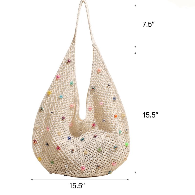 Image of Boho Crochet Beach Tote Shoulder Bag with Colored Beads | Colorful Aesthetic Hippie Knit Bag for Women