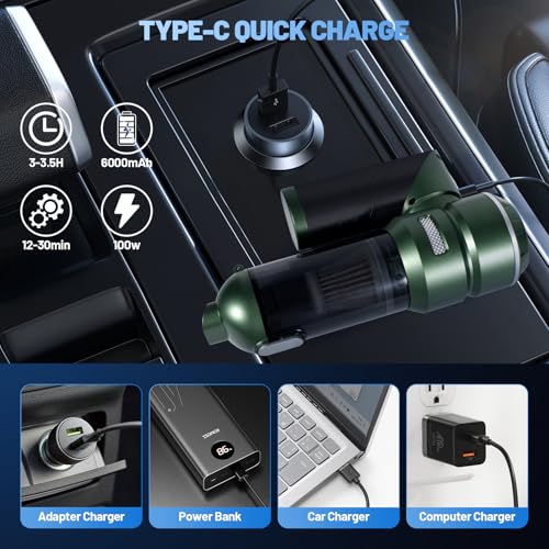 Hansilk Aspirabriciole Senza Fili 25000Pa Aspirapolvere Auto Portatile Potente Con Funzione 4 In 1 Aspirazione Soffiaggio Gonfiaggio Svuotamento Per Casa Ufficio Animali Cucina-Verde Scuro - 5