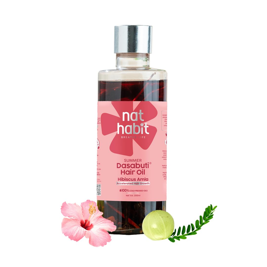 Nat Habit Hibiscus Amla Hair Growth Summer Dasabuti Hair Oil for Hair Fall, Massage, Dry, Frizzy Hair Treatment, Ayurvedic, Herbal, With Fresh 16 Herbs Heat Soaked, Castor, Coconut, Amla (200ml)