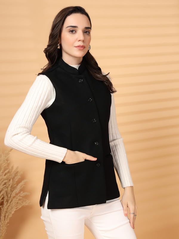 Image of Vastraa Fusion Solid Indian Traditional Ethnic Waistcoat Festive Woolen Nehru Jacket for Women