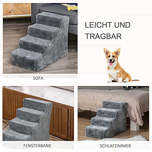 PawHut Hundetreppe 4 Stufen 44 cm Hoch Haustiertreppe für Kleine Hunde Katzentreppe Hunderampe mit Waschbar Bezug Einstiegshilfe für Bett, Sofa, Couch Hellgrau