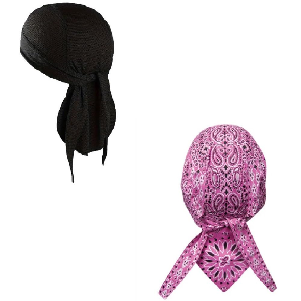 Headwrap Durag Doo Rag Skull Cap Lot or Set of 2 Classic Pink Paisley with Sweatband Cotton and