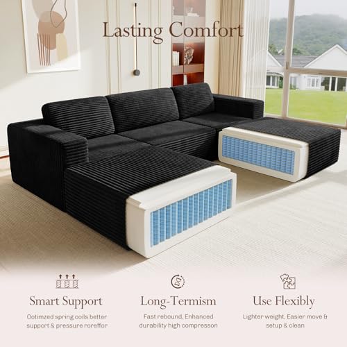 Image of Vesgantti 119 inch Oversized U-Shaped Modular Sectional Sofa, Corduroy Cloud Couch with Deep Seating & Spring Support, Convertible Sofa with 2 Ottomans, Boneless Couch, No Assembly Required, Black