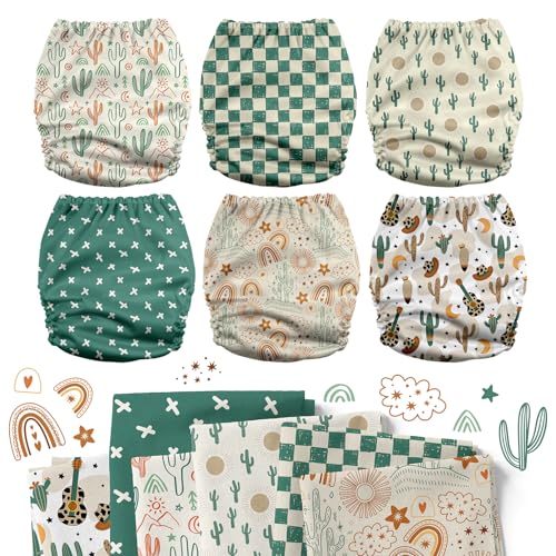 Mama Koala 3.0 Pocket Cloth Diapers for Babies with AWJ Lining, 6 Pack with 6 5-Layer Natural Cloth Diaper Inserts - Reusable and Washable Pocket Diapers(A-Desert Oasis)
