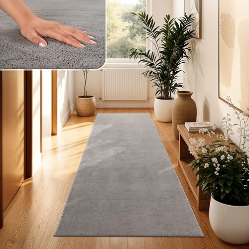 Paco Home Moderner Kuscheliger Wohnzimmer Teppich Kurzflor waschbar flauschig Weich Einfarbig Felloptik zeitlos stilvoll rutschfest pflegeleicht, Grösse:80x150 cm, Farbe:Grau