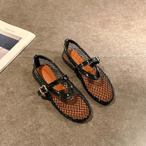 Women's Mesh Ballet Flats Fishnet Ballerina Buckled Straps Mesh Mary Jane Flat Casual Low Heels2