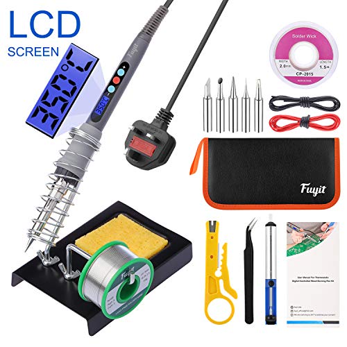 Fuyit LCD Soldering Iron Kit 15pcs Welding Tool Set with Thermostatic Digital-Controlled Pen 60W 220V Adjustable Temperature 180°C- 480°C with Lead Free Solder Wire 100g