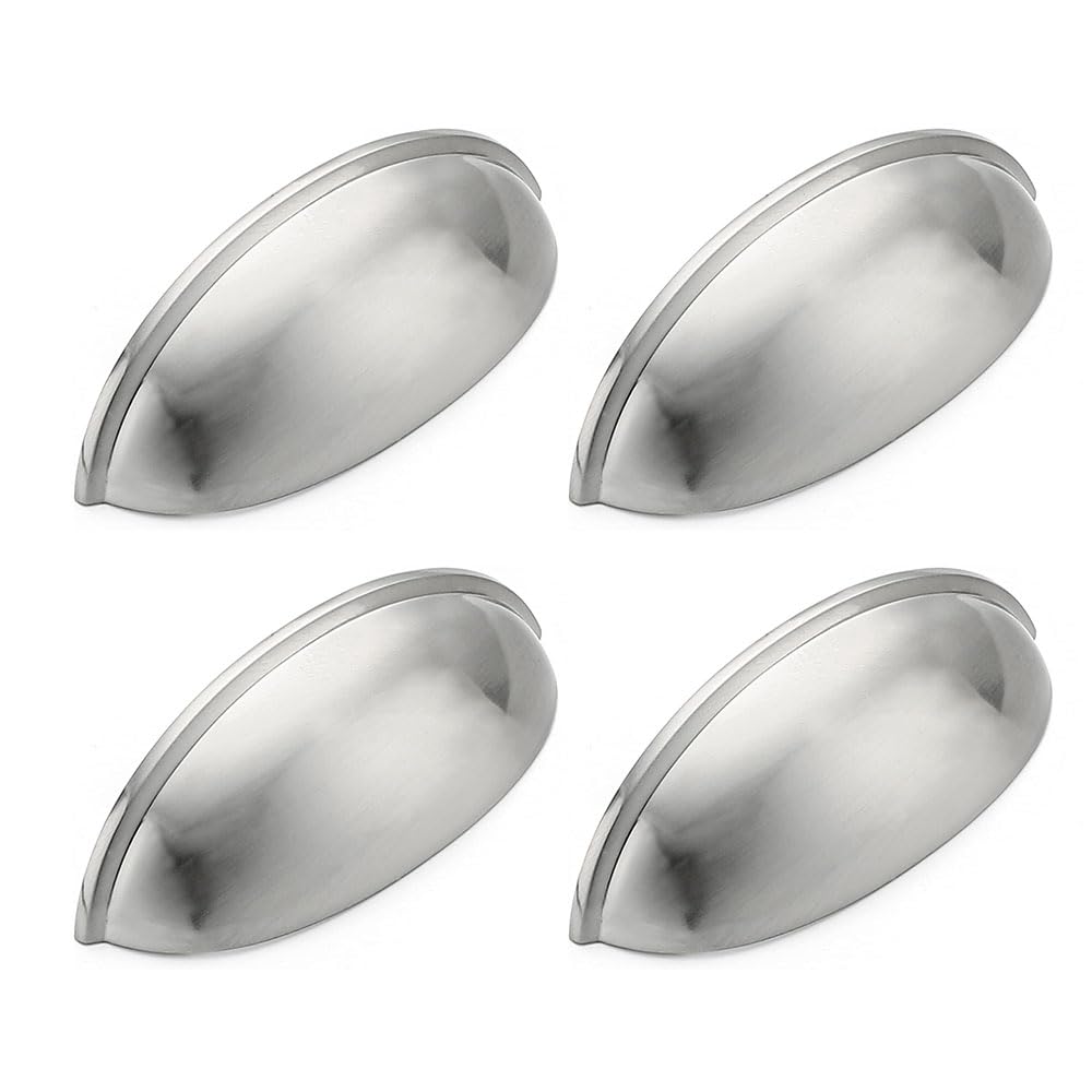 JZS 4 Pack 3 inch Drawer Pulls Flat, Cabinet Cup Pulls, Kitchen Hardware Cabinet Handles Drawer Handles Knobs Hole Center, Silver