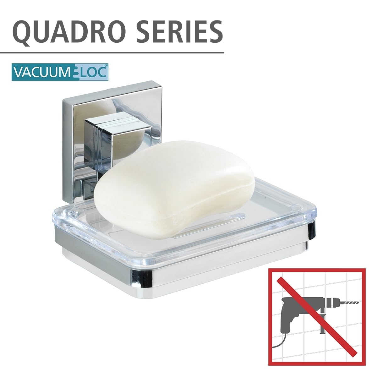 WENKO Vacuum-Loc® mydelniczka ścienna Quadro, mydelniczka do łazienki i kuchni, uchwyt ścienny bez wiercenia, nierdzewna, błyszcząca stal nierdzewna z przezroczystą miską z tworzywa sztucznego, 12 x 6,5 x 12 cm