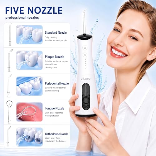 Image of KAMEX Cordless Water Flosser for Teeth Cleaning: Portable Oral Irrigator with 300ML Tank, 5 Jet Tips, 4 Modes, 40-120 PSI, IPX7 Waterproof, Rechargeable Dental Water Pick for Braces & Sensitive Gums