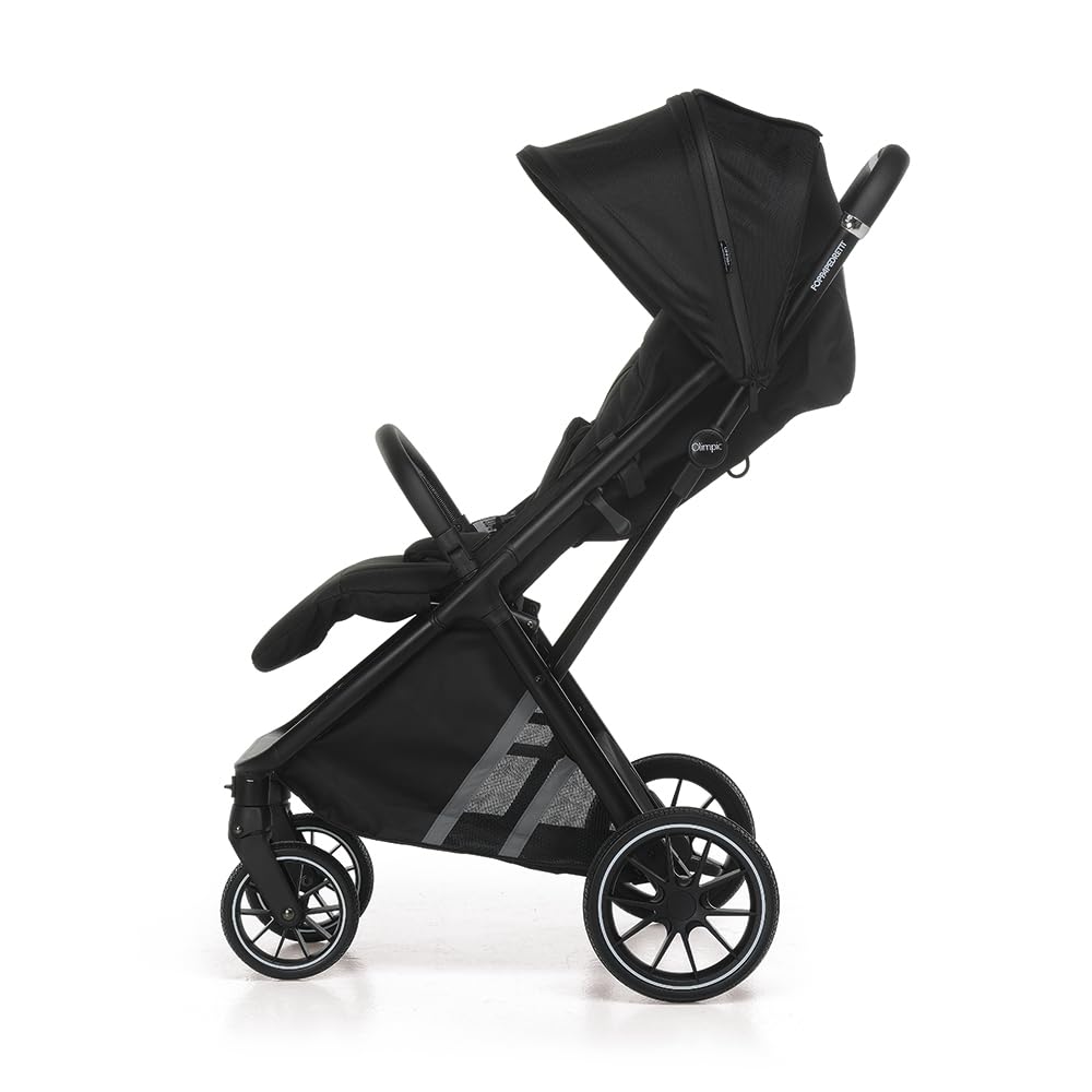 Foppapedretti Passeggino Compatto Olimpic, per bambini 0-22 Kg (0-4 anni), Chiusura ad 1 mano, Self-Standing, Ruote Ammortizzate, Tessuto UPF50+, Cerniere Resistenti Acqua, Trasportabile, Nero