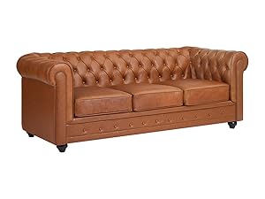 Vente-unique-Sofá 3 plazas de Piel de Vaca Color Camel Chesterfield
