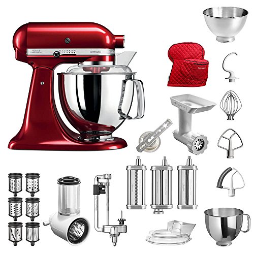 Preisvergleich Produktbild KitchenAid Küchenmaschine Artisan, 5KSM175PS, Bestseller Paket inkl. Gemüseschneider, Fleischwolf, Spiralschneider, Nudelvorsatz, Spritzgebäckvorsatz, Abdeckhaube und Standardzubehör (Liebesapfel Rot)