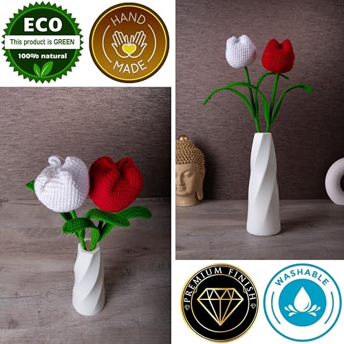 Image of Tulip Crochet Flowers | Handcrafted Artificial Faux Woolen Flower with Long Stem | Natural Looking Knitted Flower for Home, Living Room, Vase & Bouquet Decoration & Gifting | Red & White