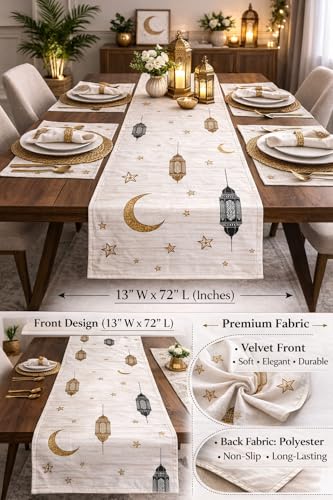 Image of Aazeem Ramadan Mubarak Table Runner for Dining Table 6 Seater | Mosque Lantern Islamic Design Table Cover | Festive Home Decor