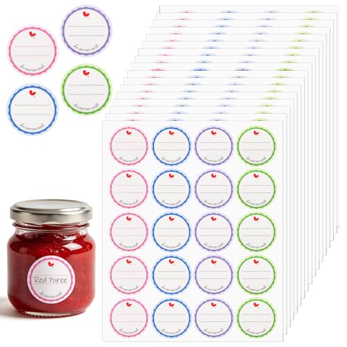 1000 Stück Marmeladen Etiketten Selbstklebend 4 Farbe Aufkleber Marmeladengläser Rund Etiketten Marmeladengläser für Flaschen Gewürzgläser