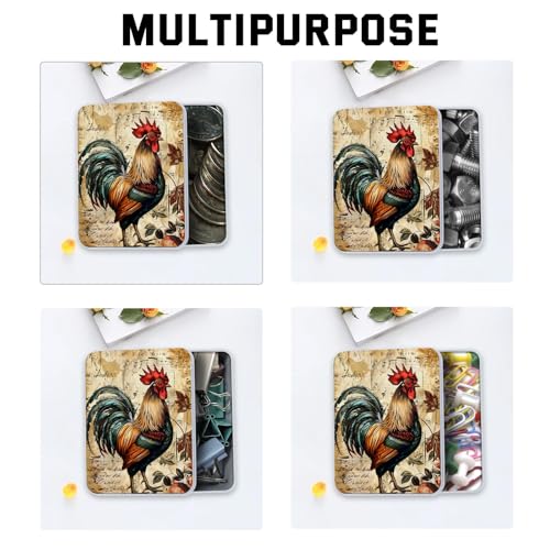 Image of Metal Tin Box with Lid,Multi-functional Storage Large Box Can Store Tea Biscuits Game Cards, Playing & Tarot Cards-Comes with 4 Magnetic Cord Clips,Vintage Rooster Art