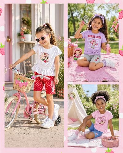Image of Strawberry Shortcake Toddler Girls Bike Shorts Set - 2 Piece Graphic Shirt and Biker Shorts for Girls Cartwheel Dance (2T-6X)
