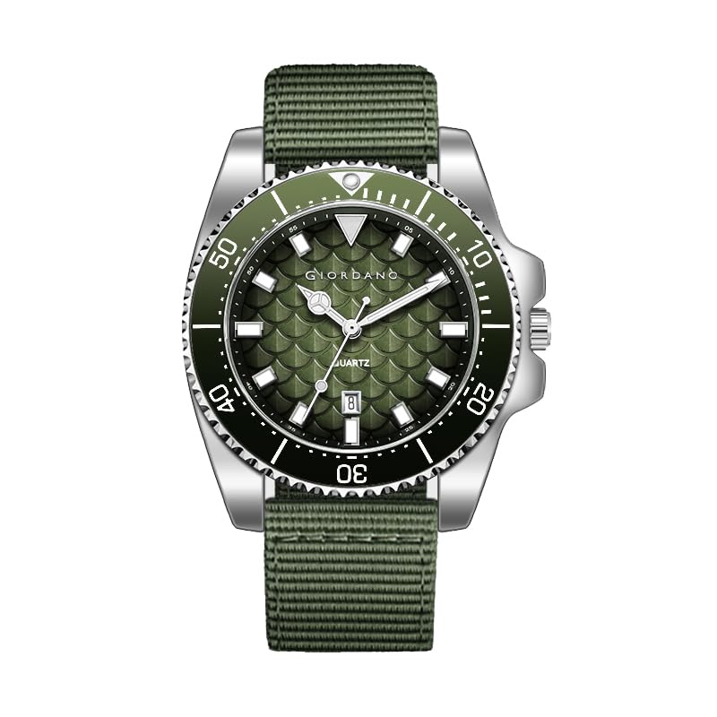 Image of Giordano Analog Quartz Watch for Men with Black Textured Fish Scale Dial, Luminous Hands & Markers, Date Window, Nylon NATO Strap, Rotating Bezel