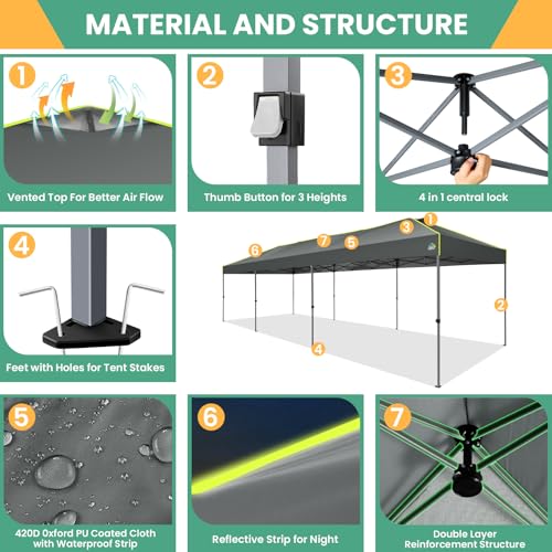 Image of COBIZI 10x30 Pop Up Canopy Tent, Wedding Party Tent Without Sidewall One Push Setup Glow, 3 Adjustable Height Air Vent Waterproof UPF50+, Wheeled Bag, 4 Sandbag, 8 Stake, Ropesfo Commercial, Outdoor