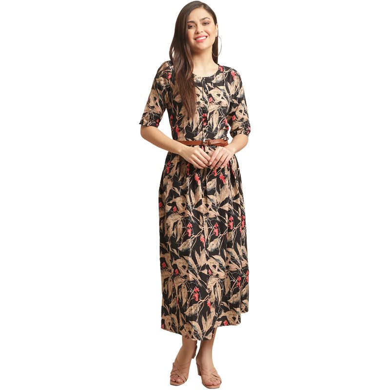 Preneum Women's Rayon Fit And Flare Standard Length Dress (Gown-A-116_Brown_S)