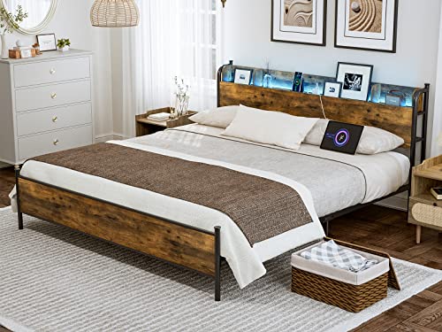 Ikifly King Size Bed Frame With Storage Shelf Headboard & Charging Station - Industrial Metal King Platform Bed With Led Lights, Strong Metal Slats Support, No Box Spring Needed - Rustic Brown #TOP6