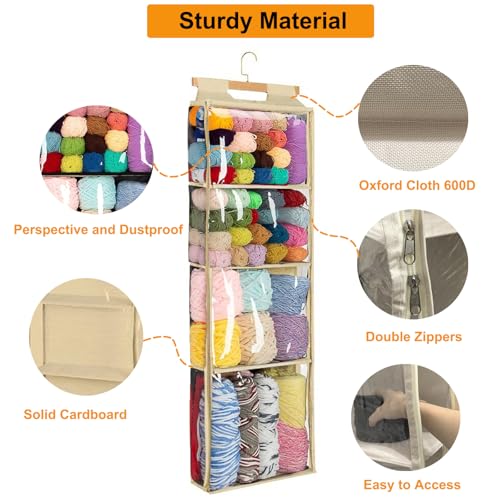 Image of KSORUSL Hanging Yarn Storage Organizer with 4 Large Pockets, Hanging Yarn Holder with Over-Door Hook for Knitting Needles Crochet Hooks, Clear Crochet Storage Bag with Zipper for Crochet Lovers