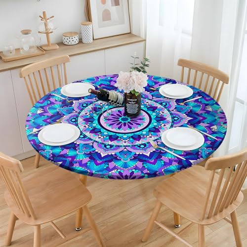 BOOWEATS Boho 42 Inch Round Fitted Cloth Tablecloth with Elastic Edged, Waterproof Oil Proof Wipeable Table Cover for Indoor Outdoor Patio Table, Fits Round Tables Up to 40" - 44" Diameter - image 2