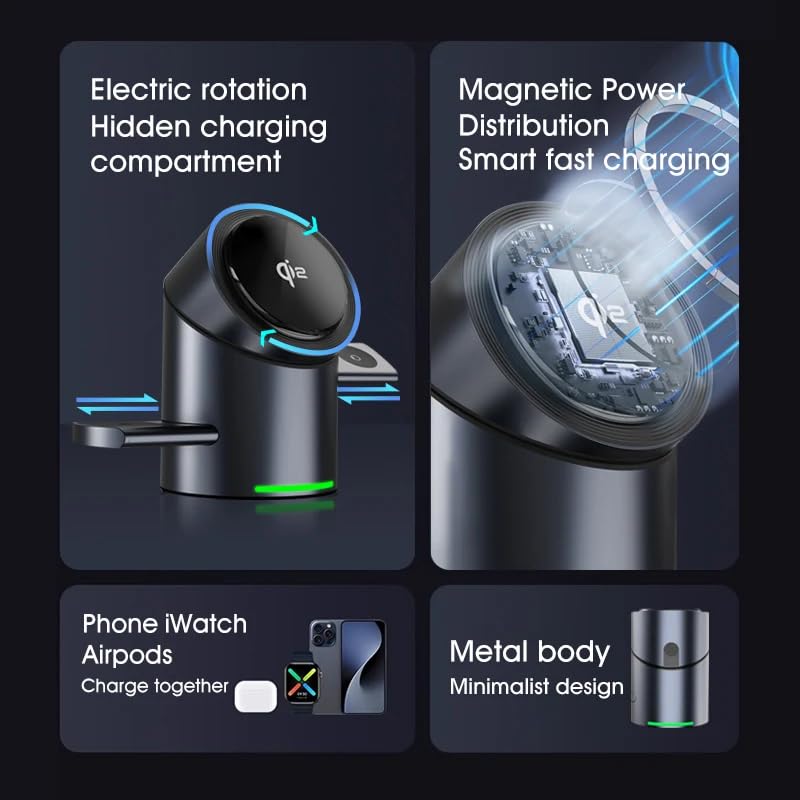Image of 3 in 1 Charging Station for Apple Devices, Mag-Safe Magnetic Charger Stand, Qi2 15W Auto-Rotating Wireless Charger for iPhone 17 16 /15 /14 /13 /12 Series & AirPods & iWatch (2.0, Amps, UK)