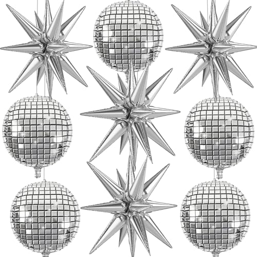Image of 9 Pcs Silver Foil Balloons 22 Inch Metallic Silver Disco Ball Balloons Chrome Explosion Stars Balloon for Birthday Bachelorette 70s 80s 90s Themed Graduation Retro New Year Prom Party Decor