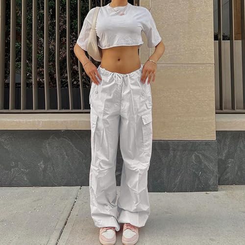 Women's Plus Size Cargo Pants Low Waisted Drawstring Wide Leg Loose Trousers Y2K Parachute Pants with Pockets2
