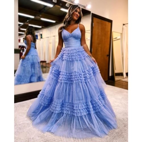 Tiered Glitter Tulle Prom Dresses for Women Long Ball Gown V Neck Spaghetti Straps A Line Formal Evening Party Gown3