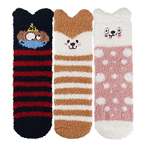 Benefeet Sox Women Girls Fuzzy Socks Cozy Warm Fluffy Soft Slipper Sleeping Cute Animal Socks (3 Pack-Stripe dot Cats)