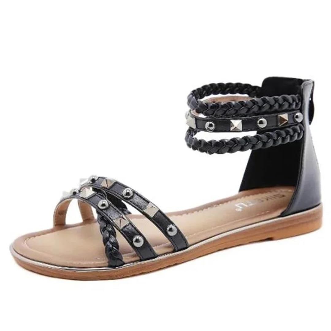 Sandalias étnicas con banda elástica para mujer, con correa de tobillo, tacón plano, con parte lateral abierta, estilo étnico, con remache superior, tejidas, retro, romanas, informales, de verano