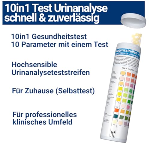 100x 10in1 Urinstreifen Teststreifen Selbsttest mit 10 Indikatoren Gesundheitstest Urinanalysestreifen Harnwegsinfektion, Ketose, Diabetes, Glucose, pH, Protein
