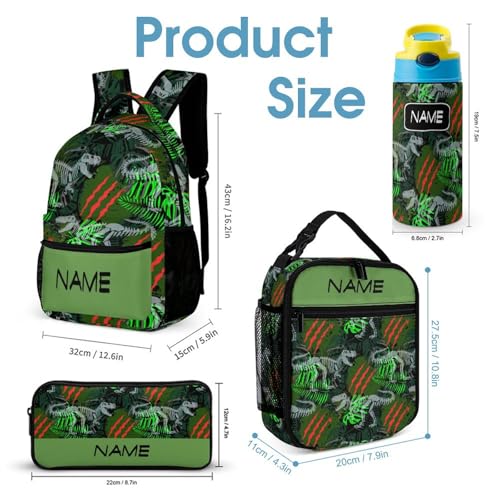 Custom 4Pcs Backpack Set with Lunch Bag Pencil Case Kids Water Bottle Add Your Name Personalized School Book Bags Customization Dinosaur Skeleton Claw Backpack for Girls Boys2