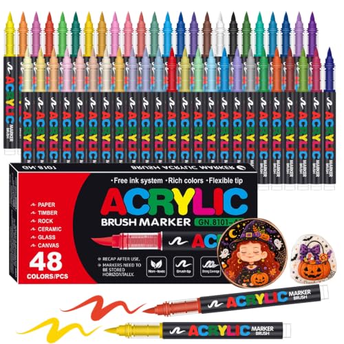 Image of Acrylic Paint Markers, Soft Brush Tip Pens and Markers, Acrylic Paint Pens for Wood, Stone, Canvas, Glass, Fabric, Egg, Rock Painting and DIY Craft Art Supplies (48)