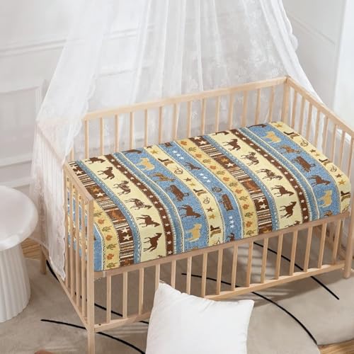 Image of Western Cowboy Horse Baby Crib Sheets Neutral Breathable Bedding Sets for Cribs Fitted Removable Southwestern Mattress Cover for Girls Safe and Breathable Nursery Decor Home Accessories