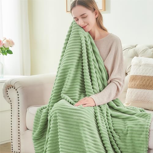 Image of BEDELITE Fleece Throw Blanket for Couch - 3D Ribbed Jacquard Soft and Warm Decorative Fuzzy Blanket - Cozy, Fluffy, Plush Lightweight Sage Green Throw Blankets for Bed, Sofa, 50x60 inches