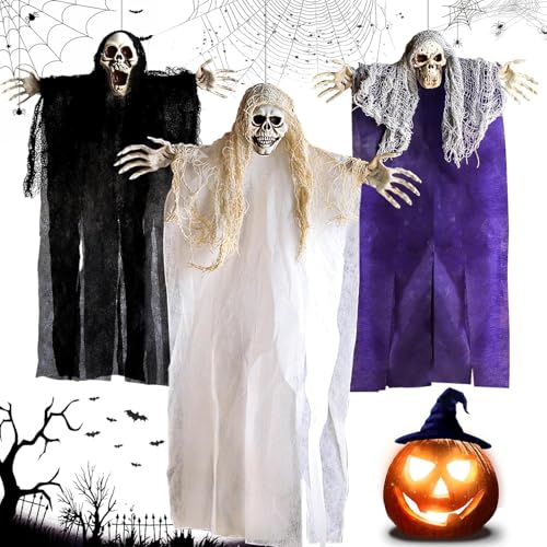 MWZEAUL 3 peças Halloween pingente fantasma decoração, terror esqueleto pendente, caveira ornamentos Halloween para casa, porta, varanda, jardim, interior e exterior