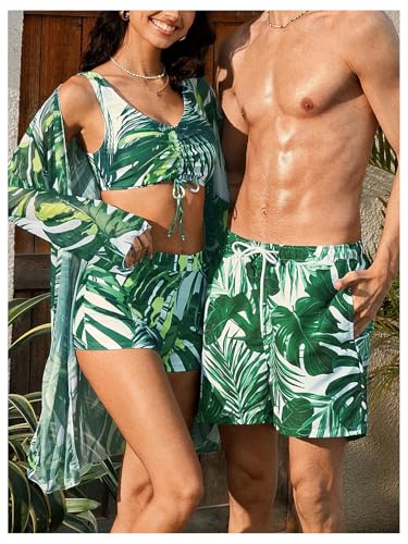 Verdusa Men's Tropical Print Drawstring Swim Trunks Straight Leg Beach Shorts4