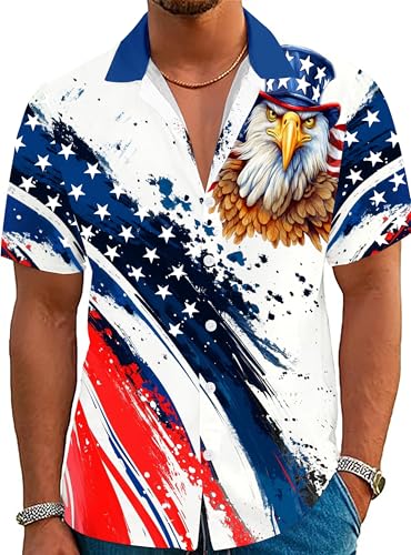 YZMI Men's 4th of July Shirt Patriotic Short Sleeve Button Down Hawaiian Shirt Star Eagle USA Flag Graphic Tops Splashing Ink Eagle L