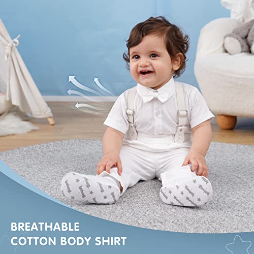 Image of Booulfi Baptism Christening Outfits for Baby Boy Outfits,NB- 5t Boy Clothes | 4 Piece Button Down White Shirt Bow Tie Photography Suspenders Baptism Outfits for Boys,Newborn 5t Boys Clothes Summer
