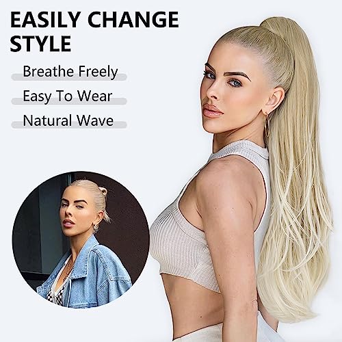 PORSMEER Ponytail Extension,Drawstring Ponytail Hair Extensions Blonde to Platinum Colour 26 Inch Long Natural Straight Wavy End Synthetic Hairpiece for Women Girls Daily Use - Image 4