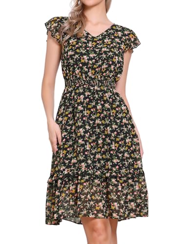 Image of Allegra K Women's Floral Dress Spring Summer V Neck Flutter Sleeve Ruffle Casual Smocked Knee Length Dresses